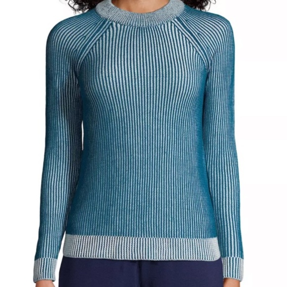 Lands’ End Drifter Sweater Women’s Small Teal White Ribbed Cotton Pullover - Picture 1 of 9